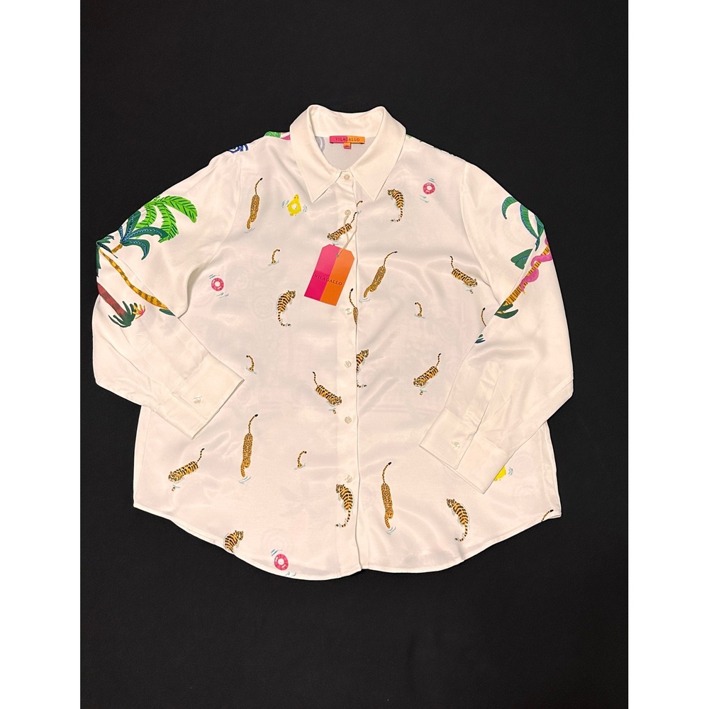 Vilagallo Mafalda Piscina Print Tiger Pool Silk Feel Blouse‎ White Shirt NWT 46